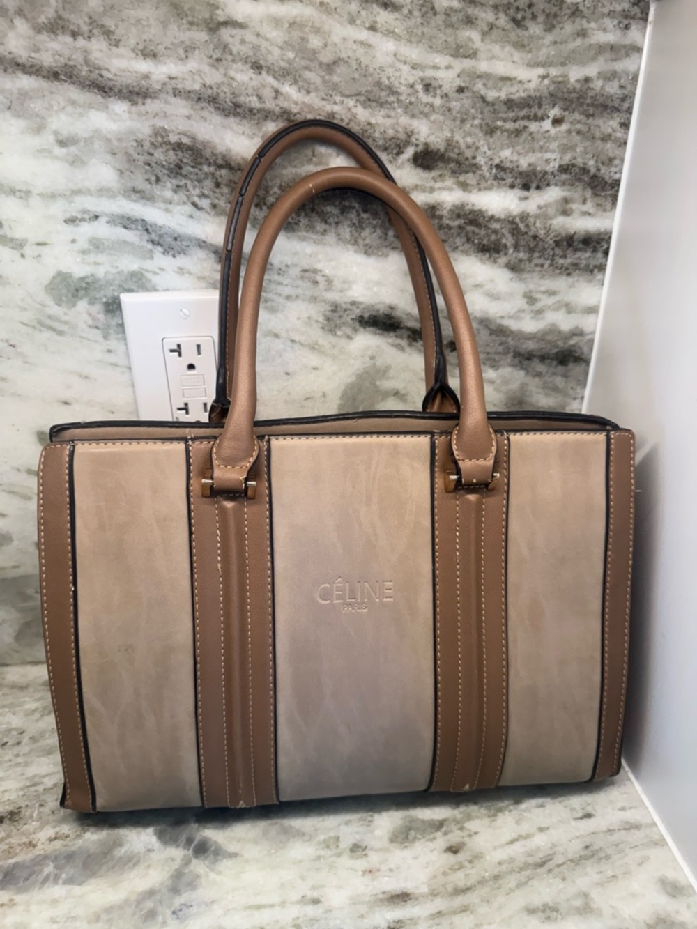 Beige and Tan Leather Structured Tote